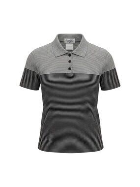 Chanel Boutique CC Logo Button Short Sleeve Polo Shirt Border 38 Black White